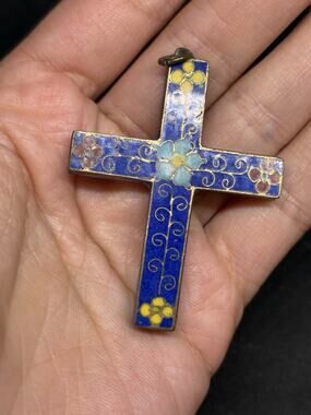 Vintage Chinese Cloisonne Enamel Cross Pendant Blue Flowers Religious Christian